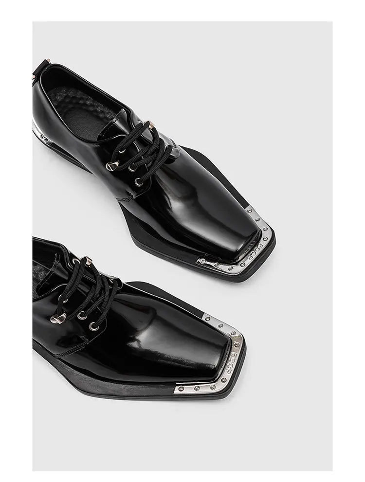 Metal Square Toe Derby Shoes Fashionable Thick Soled Lace Up Design Upturned Toe Thick Heel Trendy Men's Casual Leather Shoes
