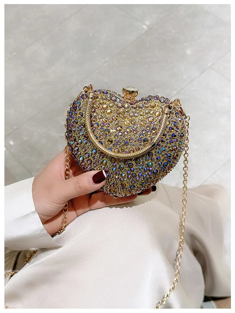 Luxury Diamond Inlay Heart Shape Crystal Clutch Purse Stones Evening Wedding Party Shoulder Bags Handle Rhinestone Mini Handbags