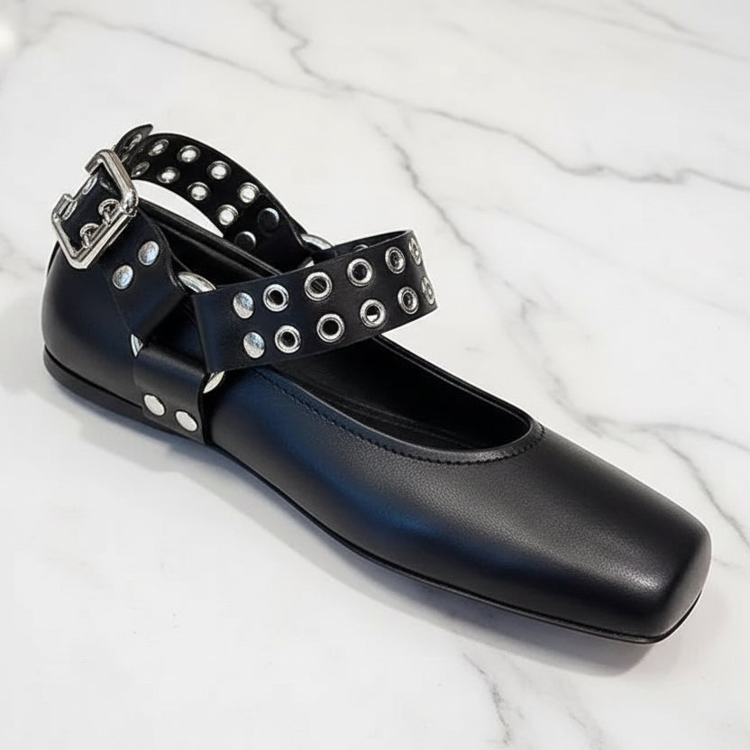 Fashion Square toe Rivet Metal buckle Women Ballet Flats Comfortable Soft Leather Mary Janes Boats Loafers Casual lazy Shoes