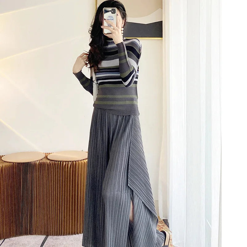 Miyake Pleated Contrasting Colors T-shirt Women Half Turtleneck Skinny Pullover 2025 Summer Fashion Female Clothing