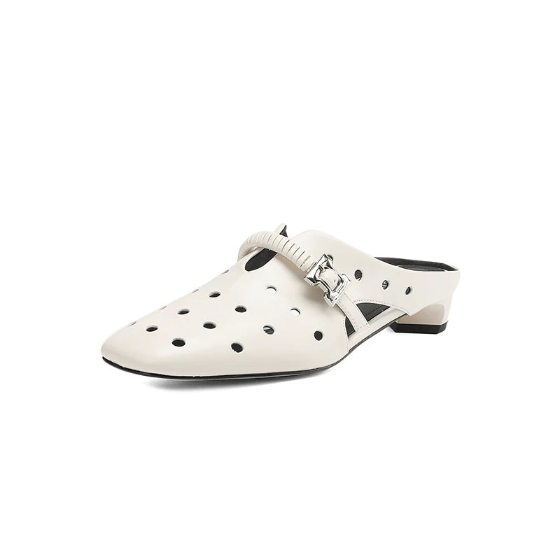 Genuine Leather Hollow Slippers Women Covered Toe Thick Heels Dating Buckle Mules Ladies Summer Leisure Slippers