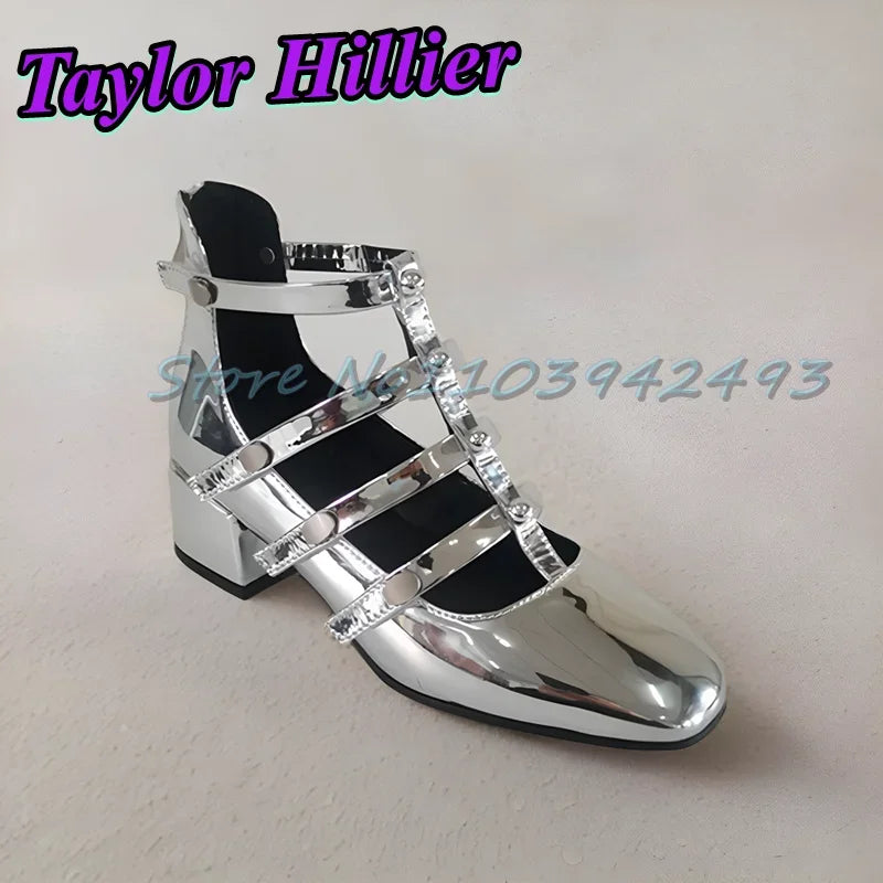 Gladiator Green Heeled Sandals Rivets Women Designer Luxury Shoes Patent Leather Solid Sandalias De Mujer Roman Strappy Palace
