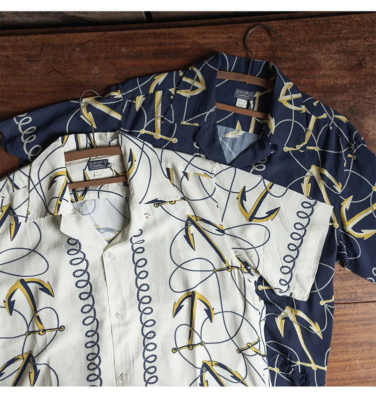 Rugged Bronson Anchor Border Rayon Camp Shirt Old-Fashion Men's Hawaiian Shirt For Beach Vacation
