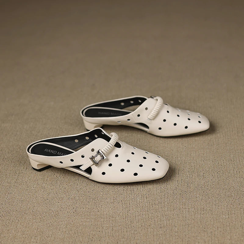 Genuine Leather Hollow Slippers Women Covered Toe Thick Heels Dating Buckle Mules Ladies Summer Leisure Slippers