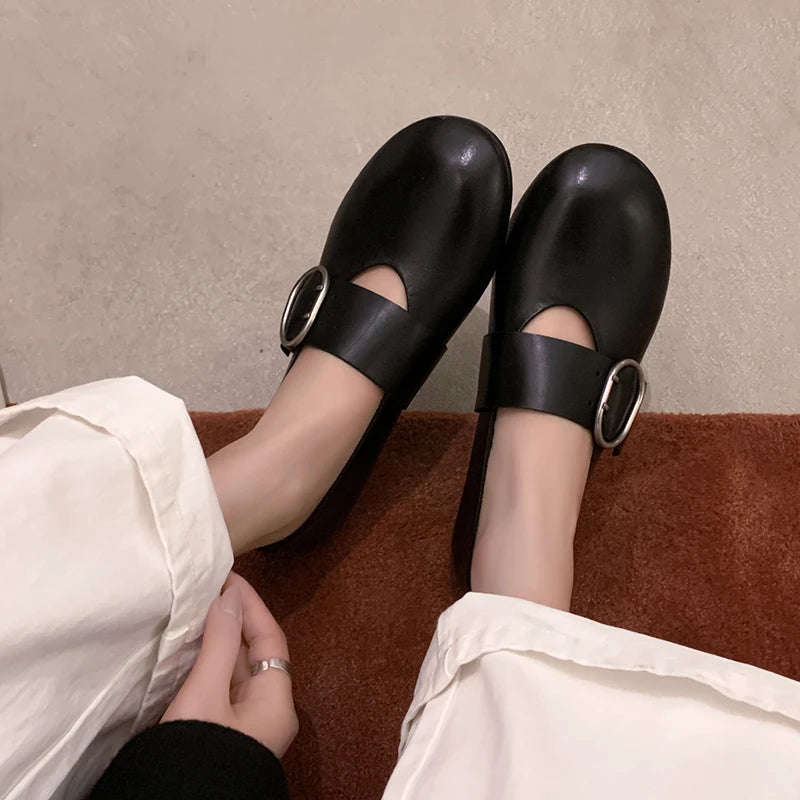 Spring Fashion Women Flats Shoes Heels Cow Leather Ballet Comfort Square Toe Casual Summer Shoes Woman Size 34-40