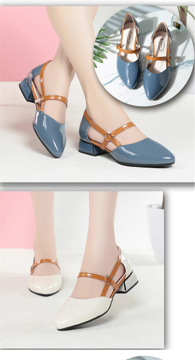 2024 Soft Leather Sandals Women Spring Summer Fashion Pointed Tip Single Shoes Low-Heel Hollow Buckle Ventilate Office Gentle
