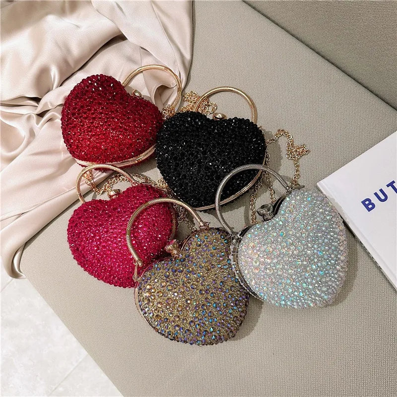 Luxury Diamond Inlay Heart Shape Crystal Clutch Purse Stones Evening Wedding Party Shoulder Bags Handle Rhinestone Mini Handbags