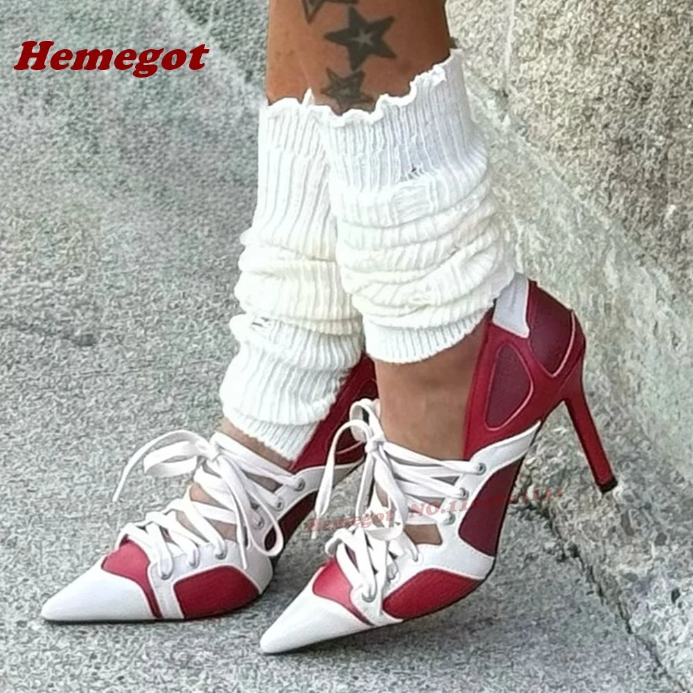 Patchwork Cross Tied Shallow Pumps Pointy Toe Lace-Up Stiletto Heels Pumps for Women 2025 Newest Splicing Runway Street Shoes