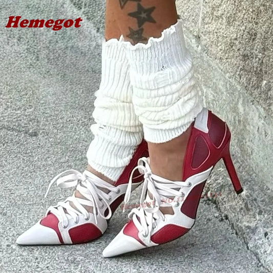 Patchwork Cross Tied Shallow Pumps Pointy Toe Lace-Up Stiletto Heels Pumps for Women 2025 Newest Splicing Runway Street Shoes