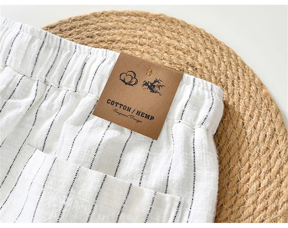 Summer cotton linen men's beach shorts loose fit breathable ramie striped straight daily causal pants for men
