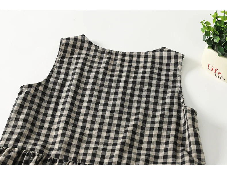 Retro Japanese Sle Linen Plaid Vest Dr Women Summer Loose Cotton Linen Svel Midi Dr A-Line Skirt round Ne