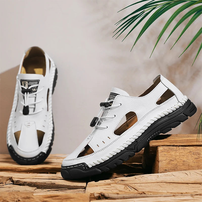 Summer Classic White Soft Bottom Handmade Stitching Beach Men's Shoes Outdoor Men's Comfortable Hollow Breathable Casual Shoes