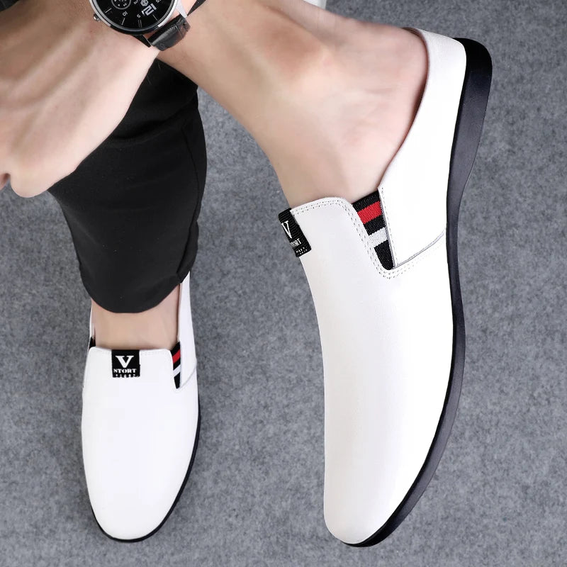 Men's Leather Black Half Leather Shoes Fashion Non-slip Half Trailer Men Sandals Moccasin Breathable Soft Flats Men Driving Shoe