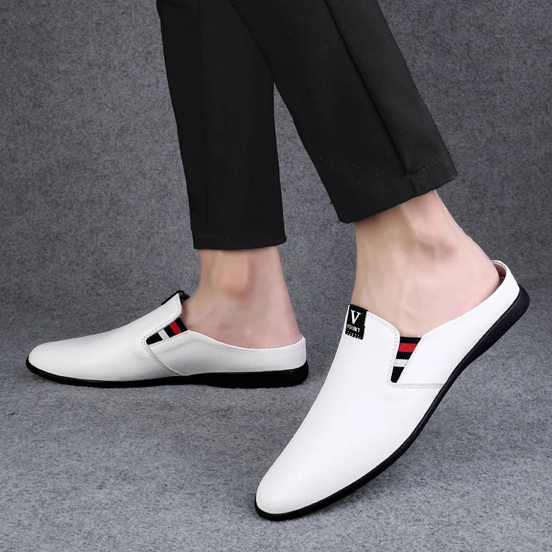 Men's Leather Black Half Leather Shoes Fashion Non-slip Half Trailer Men Sandals Moccasin Breathable Soft Flats Men Driving Shoe