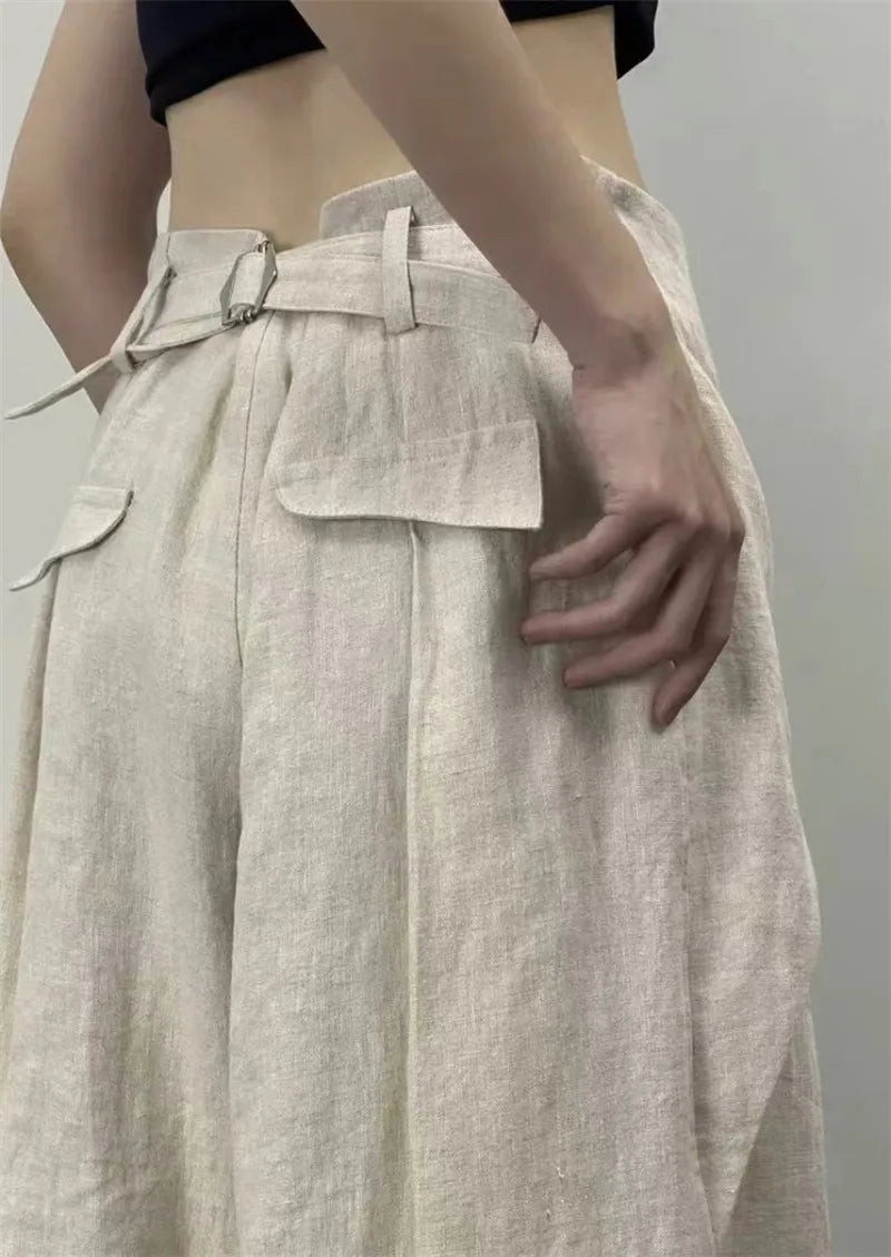 Limiguyue Japanese Cotton Linen Wide Leg Pants Women Irregular Waist Summer Pants One Button Loose Pleated Full Trousers F157