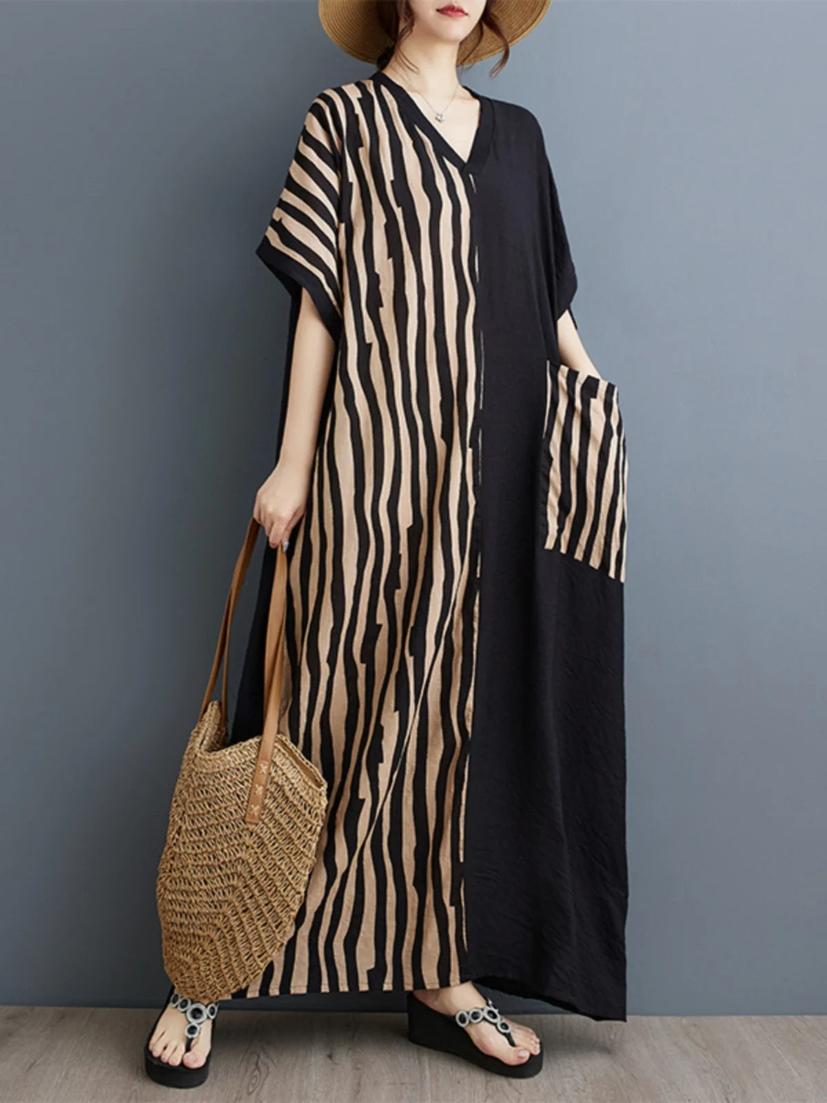 Long V-Ne ort Sve Printed Slimming Cotton Linen Dr Color Blo Casual Loose Fit Summer Faion plus Size Women