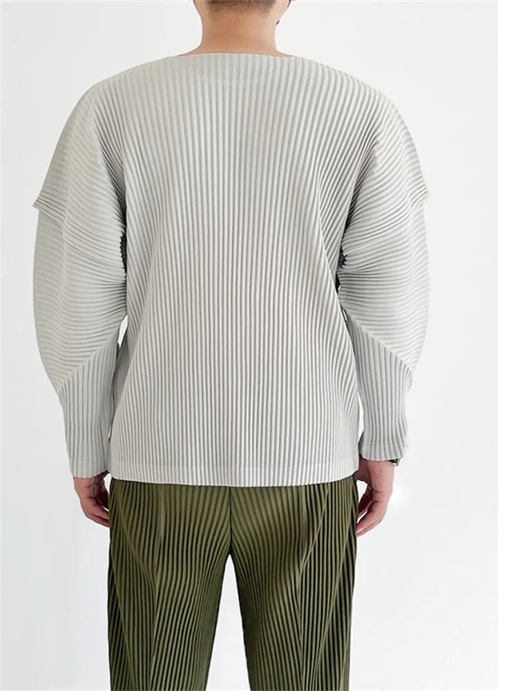 Autumn Summer New Original Miyake Pleated Men's T-shirt Long Sleeves O-neck Solid Color Casual Loose Style Fashion Male Tops