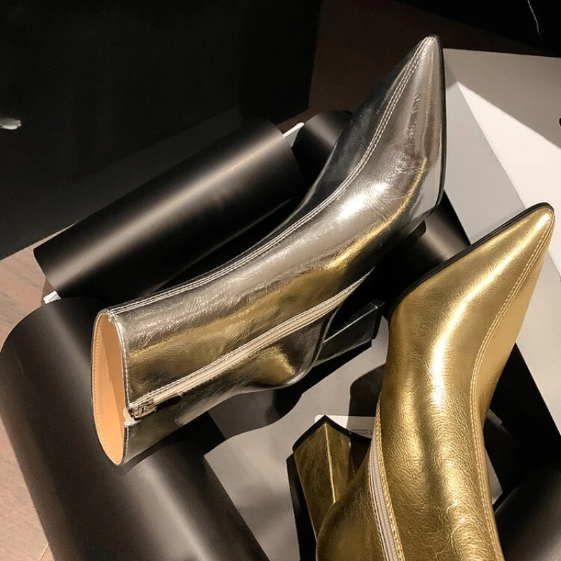 2025 New Women's Fashion Chunky Single Boots Fall New Pointy Bright Side Zipper Comfortable High Heel Ankle Boots