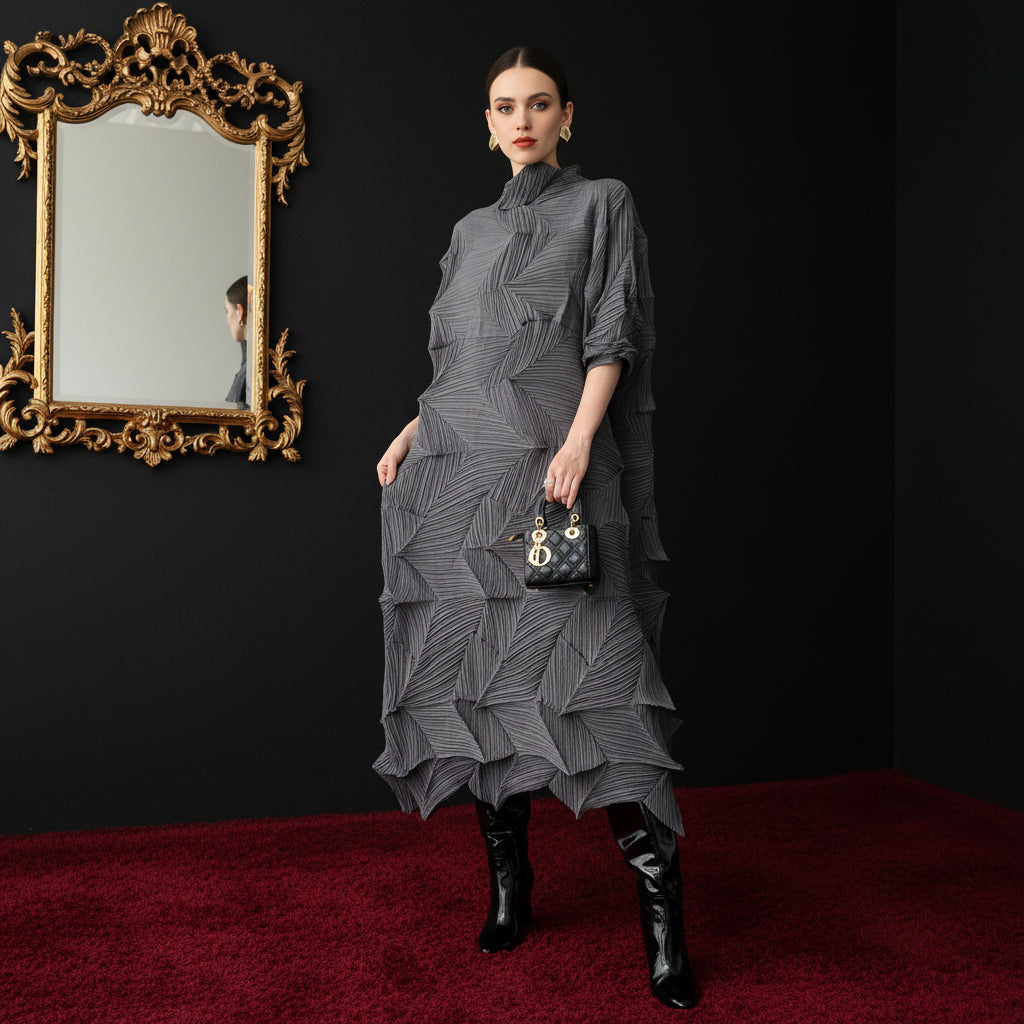 LANMREM Pleated Long Dress For Women Elastic Loose Irregular Pleated Stand Collar Pullover Female Clothing Half Sleeve 2DB4256