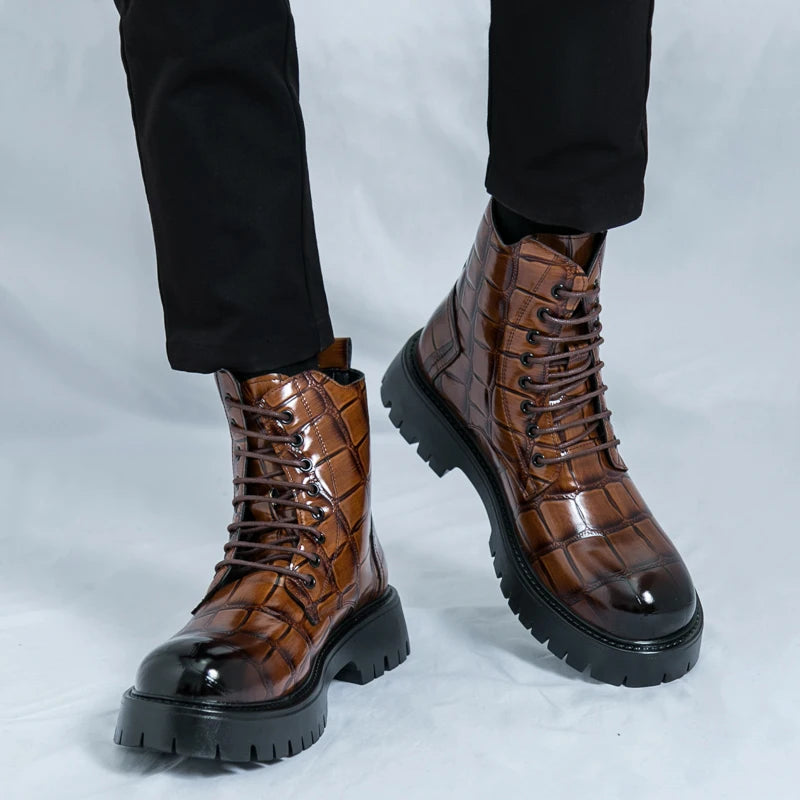 Luxury Brand Men's Autumn and Winter Crocodile Leather Side Zipper High Top Boots Fashionable New Men's Comfortable Short Boots