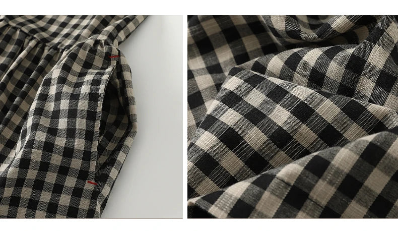 Retro Japanese Sle Linen Plaid Vest Dr Women Summer Loose Cotton Linen Svel Midi Dr A-Line Skirt round Ne