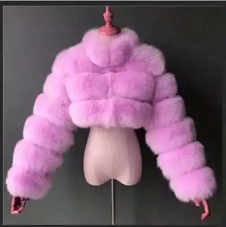 DEAT Fashion Women's Faux Fur Coat Stand Neck Long Sleeve Zipper Short Solid Color Thick Warm Jackets Winter 2024 New 7AB6434