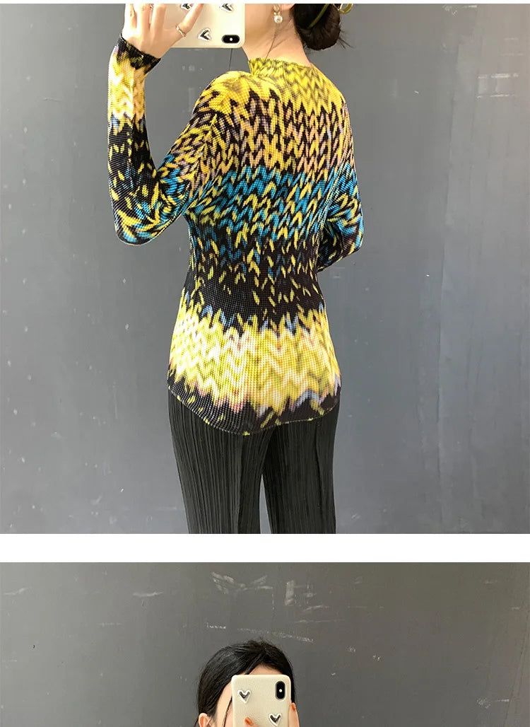 Miyake Pleated 2026 Spring and Summer New Fashion Tops Women's Long-sleeved Half-high Collar Printed T-shirt Bottoming Shirt