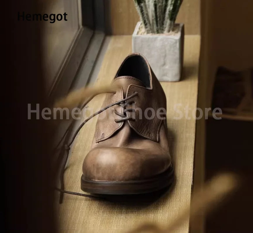 Big Round Toe Casual Shoes Low Cut Breathable Leather Shoes for Men Wear-Resistant Breathable Solid Color Handmade Men's Shoes