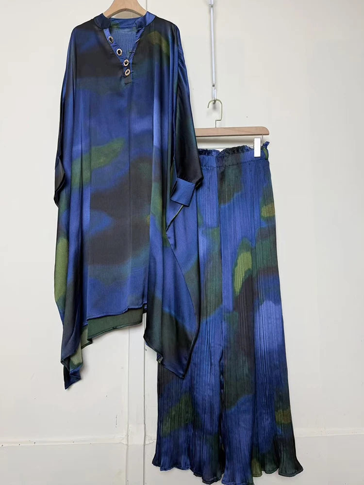 Retro geometric print V-neck pullover irregular dress 2026 autumn women's clothing+loose plus wide leg pants fashion set