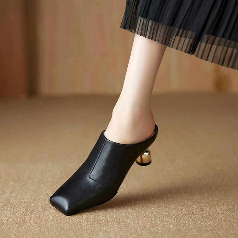 Dilalula 2025 Elegant Genuine Leather Thin High Mules Women Covered Toe Strange High Heels Ladies Party Dress Shoes Summer