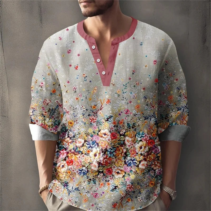 Men's Long-Sleeved Shirt with Retro Print, Stylish Design, Outdoor Casual Henley Collar, Loose Fit, Men's Vacation Top, XS-6XL.