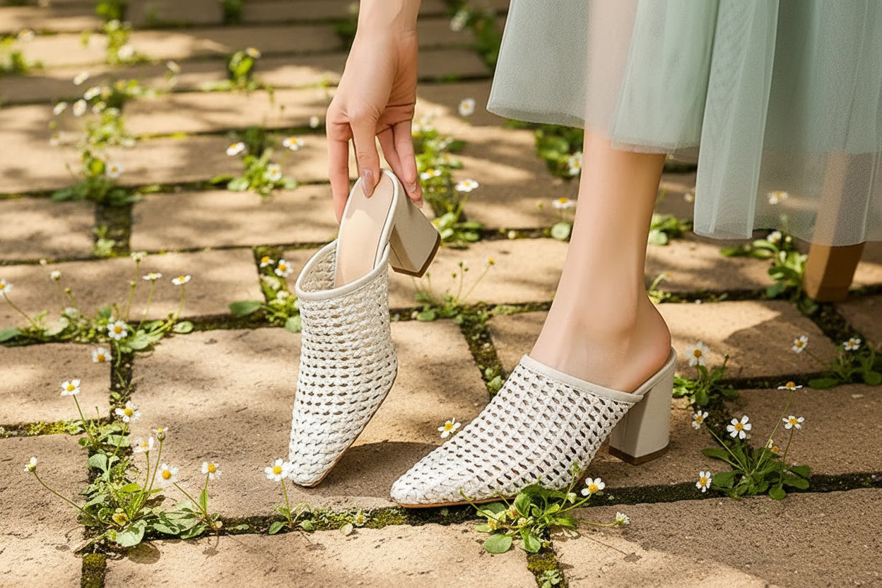 Elegant Braided Mules Women Covered Toe Breathable High Thick Heels Slippers Ladies Office Shoes Party Dating