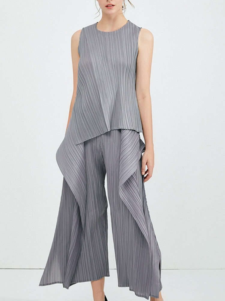 Miyake Irregular Designer Pleated Two Pieces Set Women Sleeveless Elegant Top Wide Leg Loose Trousers Summer Lady Clothing