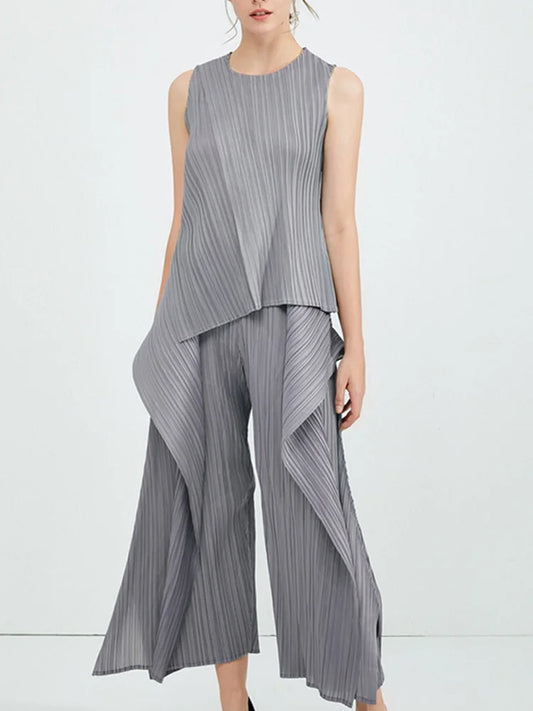 Miyake Irregular Designer Pleated Two Pieces Set Women Sleeveless Elegant Top Wide Leg Loose Trousers Summer Lady Clothing