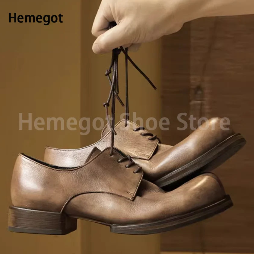Big Round Toe Casual Shoes Low Cut Breathable Leather Shoes for Men Wear-Resistant Breathable Solid Color Handmade Men's Shoes