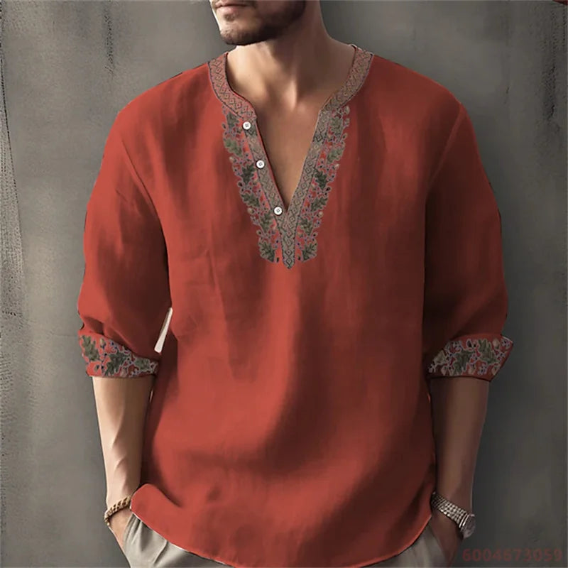 2026 Summer New Men's Fashion Printed Shirt, Henley Collar, Long Sleeve, Ethnic Style, Loose Fit, Breathable, Casual Men's Top
