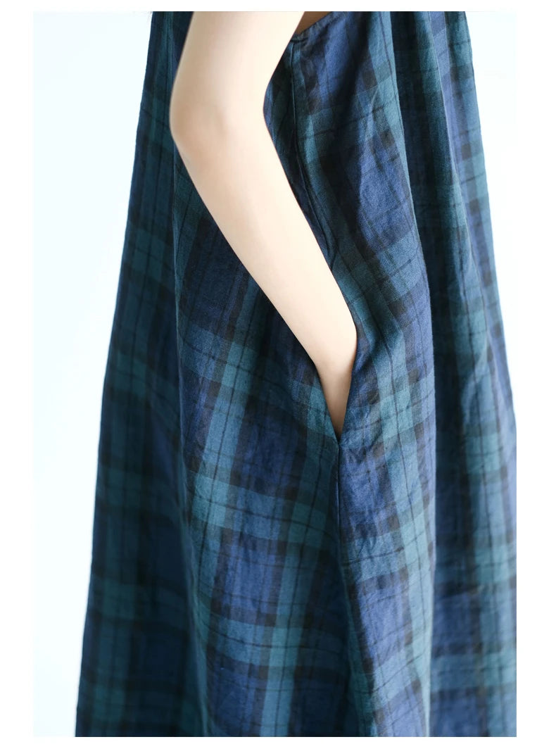 Summer 2026 Large Size Cotton Linen Plaid Vest Skirt Long Svel Dr Chest Splicing Wooden  Ear A-Line Dr