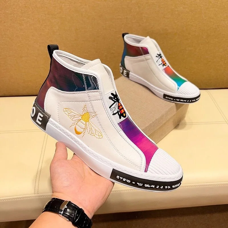 New High-top plush Men's Genuine leather embroidery Bees Sports shoes Luxury fashion Lace-up shoes sneaker Running shoes