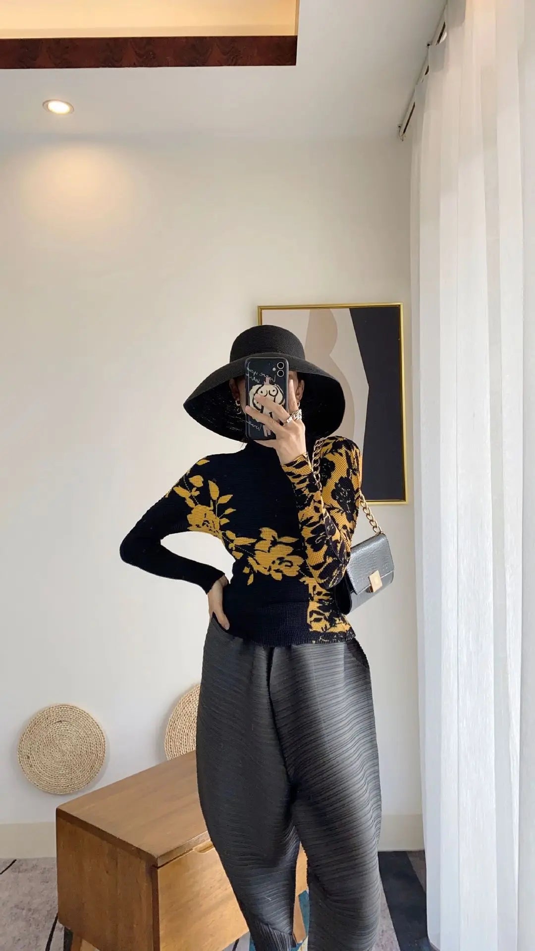 Miyake Pleated Contrasting Colors T-shirt Women Half Turtleneck Skinny Pullover 2025 Summer Fashion Female Clothing
