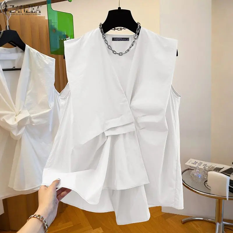 ZANZEA Trendy Pleated Design Women's Blue Tank Tops 2025 Summer Solid Color V-Neck Sleeveless Tops Streetwear 3 Colors S-3XL
