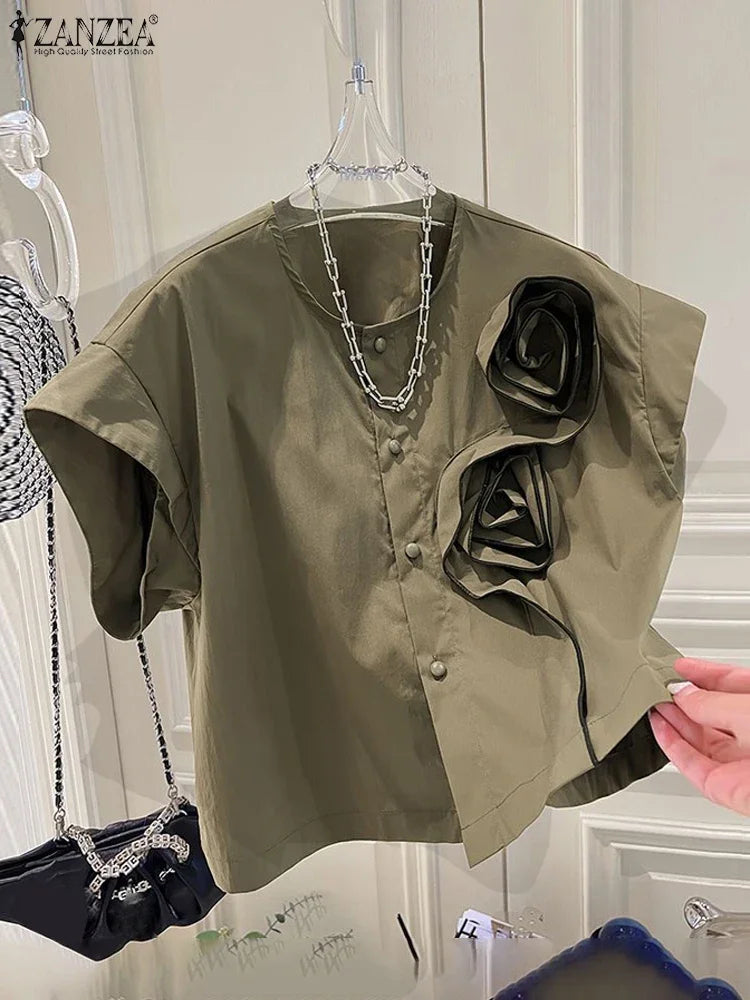 ZANZEA 2025 Summer Blouses Women Three-D Flowers Shirts Short Sleeve Blusas Chic Round Neck Shirts Casual Loose Colorblock Tops