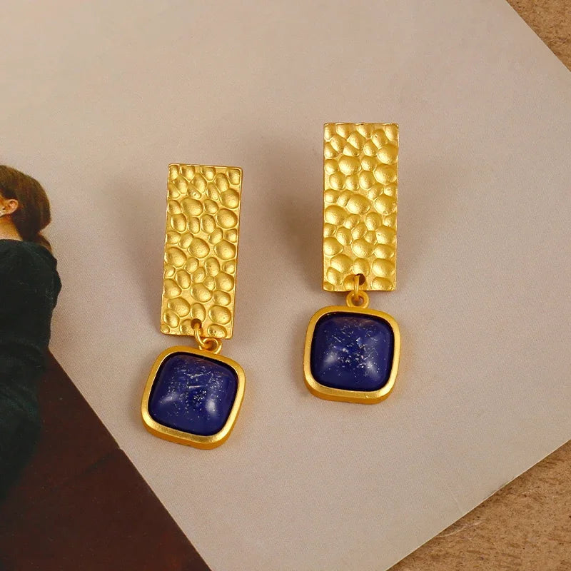 Boho Lapis Lazuli Square Shape Drop Dangle Earrings Retro Style Golden Women's Jewelry