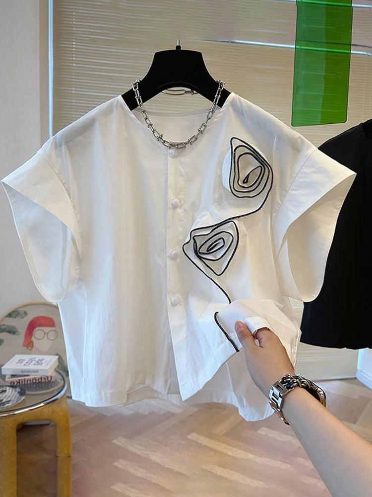 ZANZEA 2025 Summer Blouses Women Three-D Flowers Shirts Short Sleeve Blusas Chic Round Neck Shirts Casual Loose Colorblock Tops
