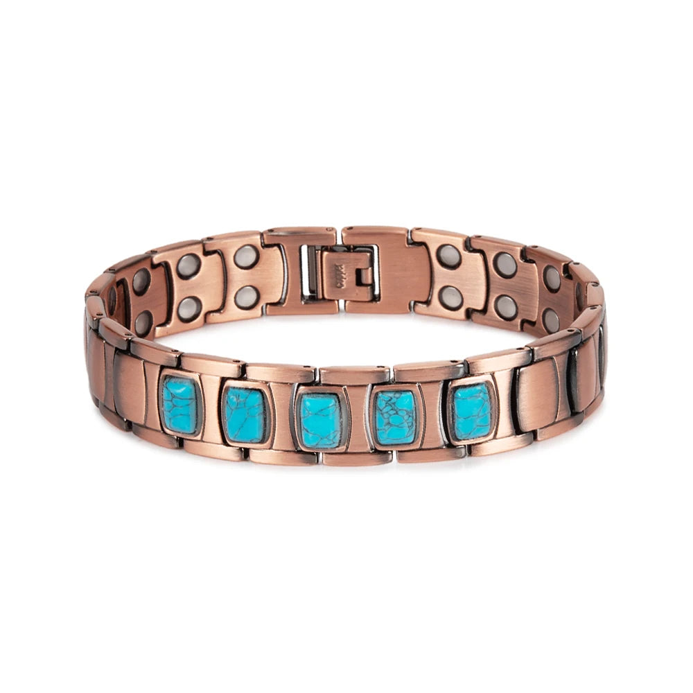 Pure Copper Magnetic Bracelet for Men Vintage Artificial Turquoise 14mm Wide Bracelets Benefits Chain Link Jewelry Waterproof