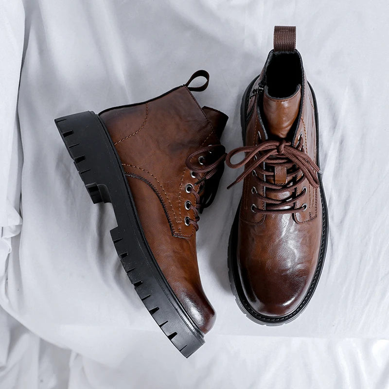 New Fashion Lace Up Casual Mens Boots Mens Thick Sole Ankle Boots Trendy Comfortable Mens Classic Black/Brown Motorcycle Boots