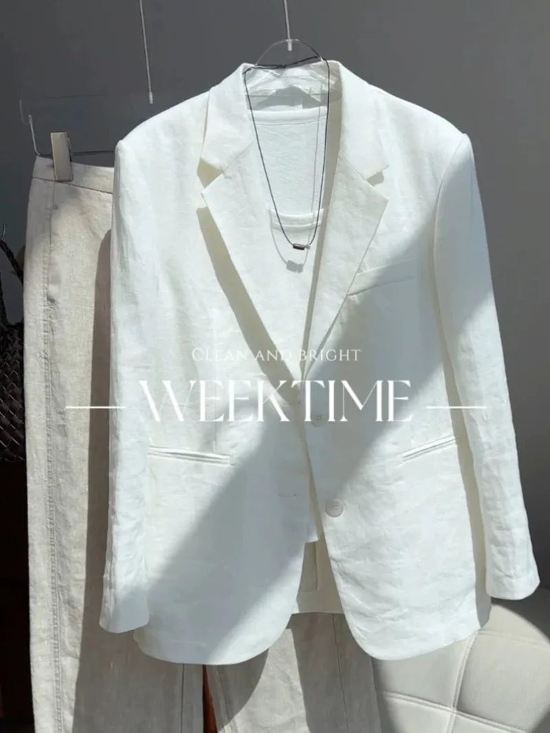 Limiguyue White Linen Suit Coats Women Spring Autumn Lapel Collar Long Sleeve Jackets Elegant Thin Cotton Linen Outwear 114B