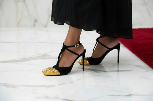 Golden Brass Five Fingers Black Satin Sandals Ankle Buckle Strap Women Shoes Thin High Heels New Runway 2024 Zapatos Para Mujere