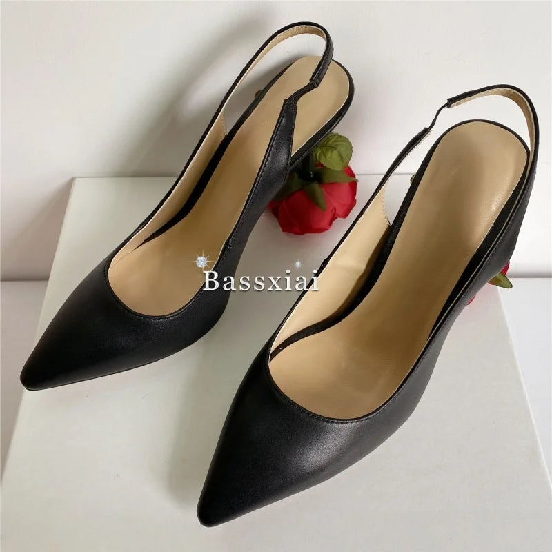 Unique Rose Flower Heel Women Pumps Genuine Leather Slingbacks Sexy Pointed Toe Dress Shoes For Girls