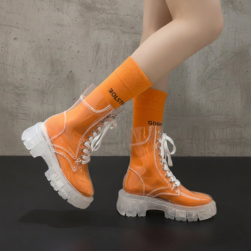 Waterproof Lace-up Platform Clear Booties Fashion Round Toe Non-Slip Block Heel Shoes for Women, shoes for Flood and rain, Rainy Fashion