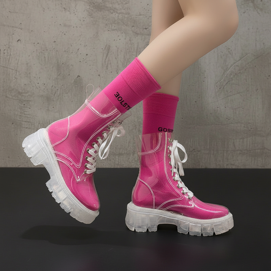 Waterproof Lace-up Platform Clear Booties Fashion Round Toe Non-Slip Block Heel Shoes for Women, shoes for Flood and rain, Rainy Fashion